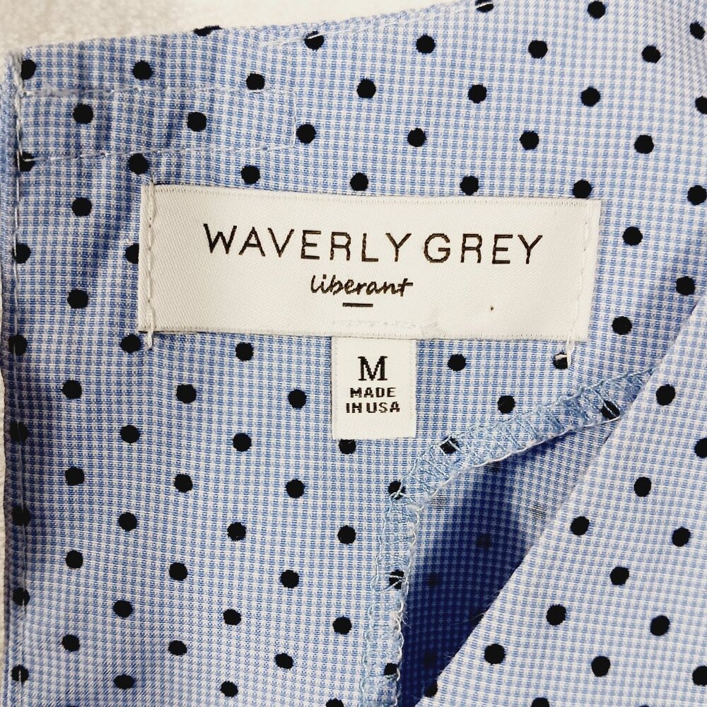 Waverly Grey Anthropologie, MED., Lt. Blue / Navy Polka Dot Top, 4 Ties on Back - Picture 2 of 14